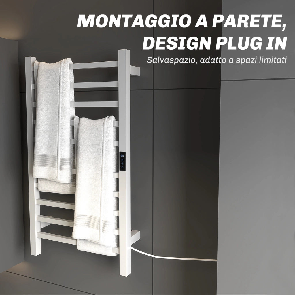 Scaldasalviette Elettrico Smart a 10 Barre con Timer e Display LCD, in Acciaio Inox, 45x11x80 cm, Bianco