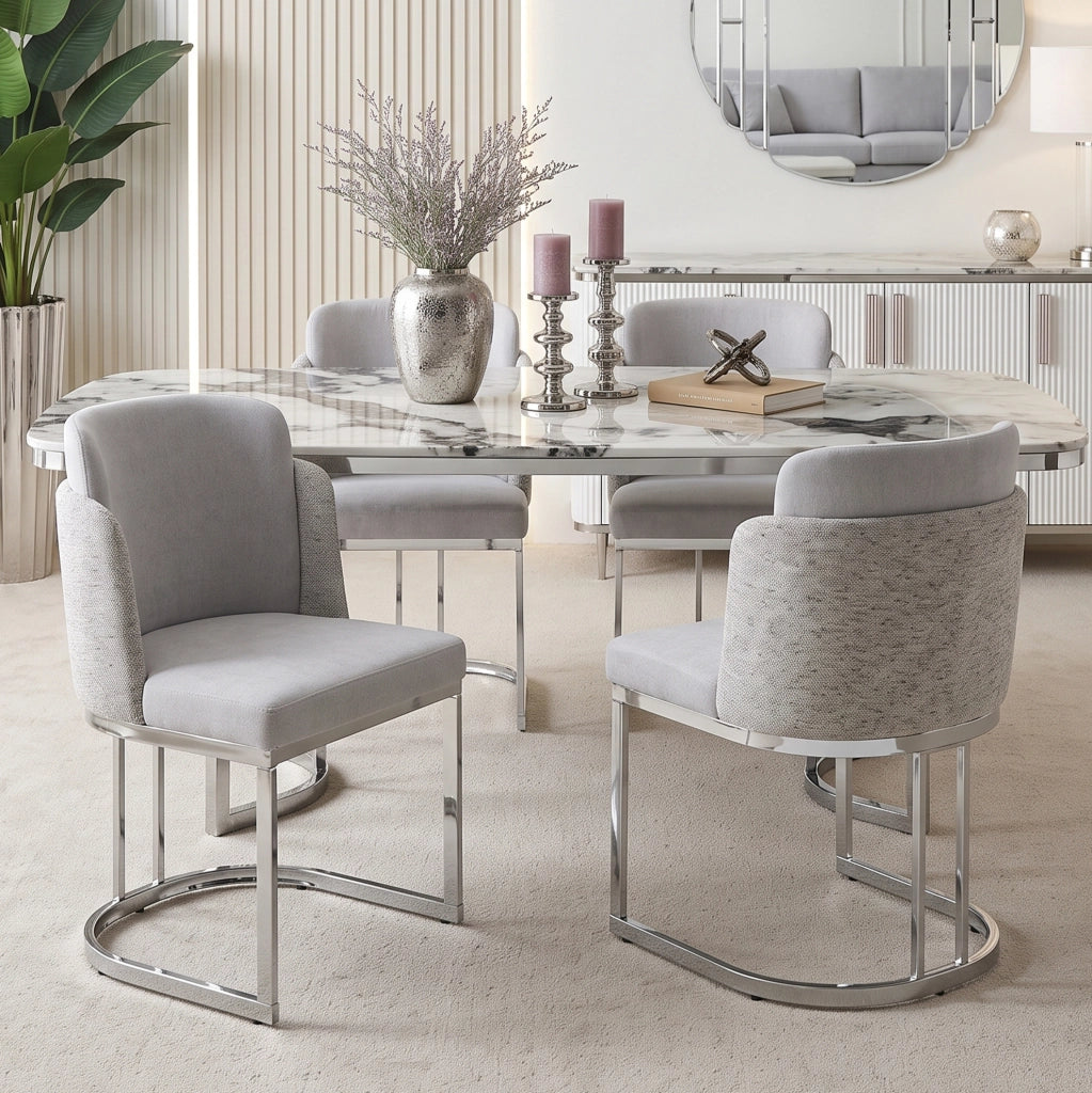 Set di 4 sedie da pranzo in ciniglia grigia con gambe in metallo argento