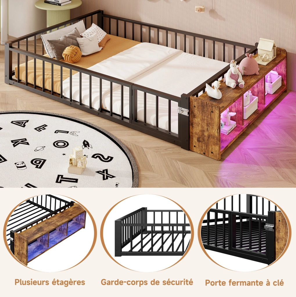 Letto singolo 140x200 cm in metallo e MDF con sponda di sicurezza; vano a giorno e LED; nero