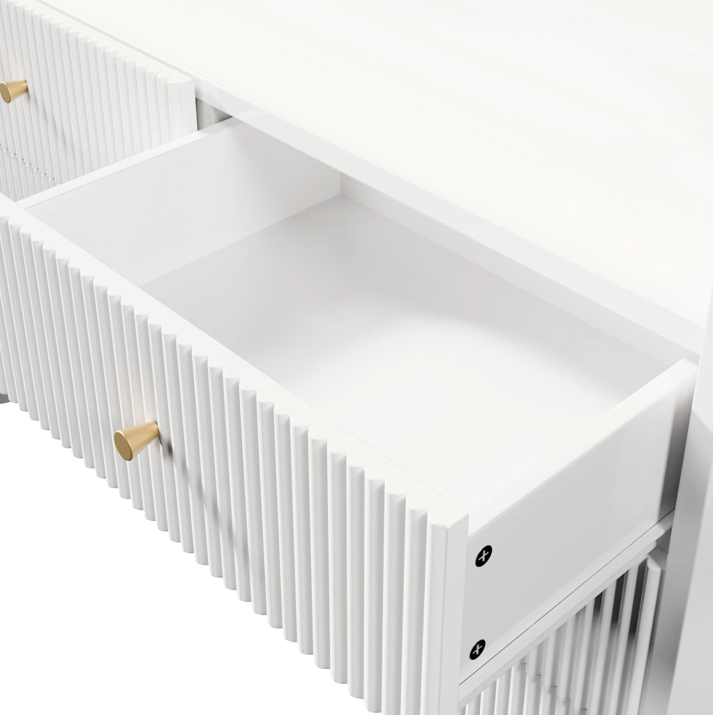 Credenza 120x40x75 cm con LED; 6 cassetti e vano aperto; pannello truciolare bianco