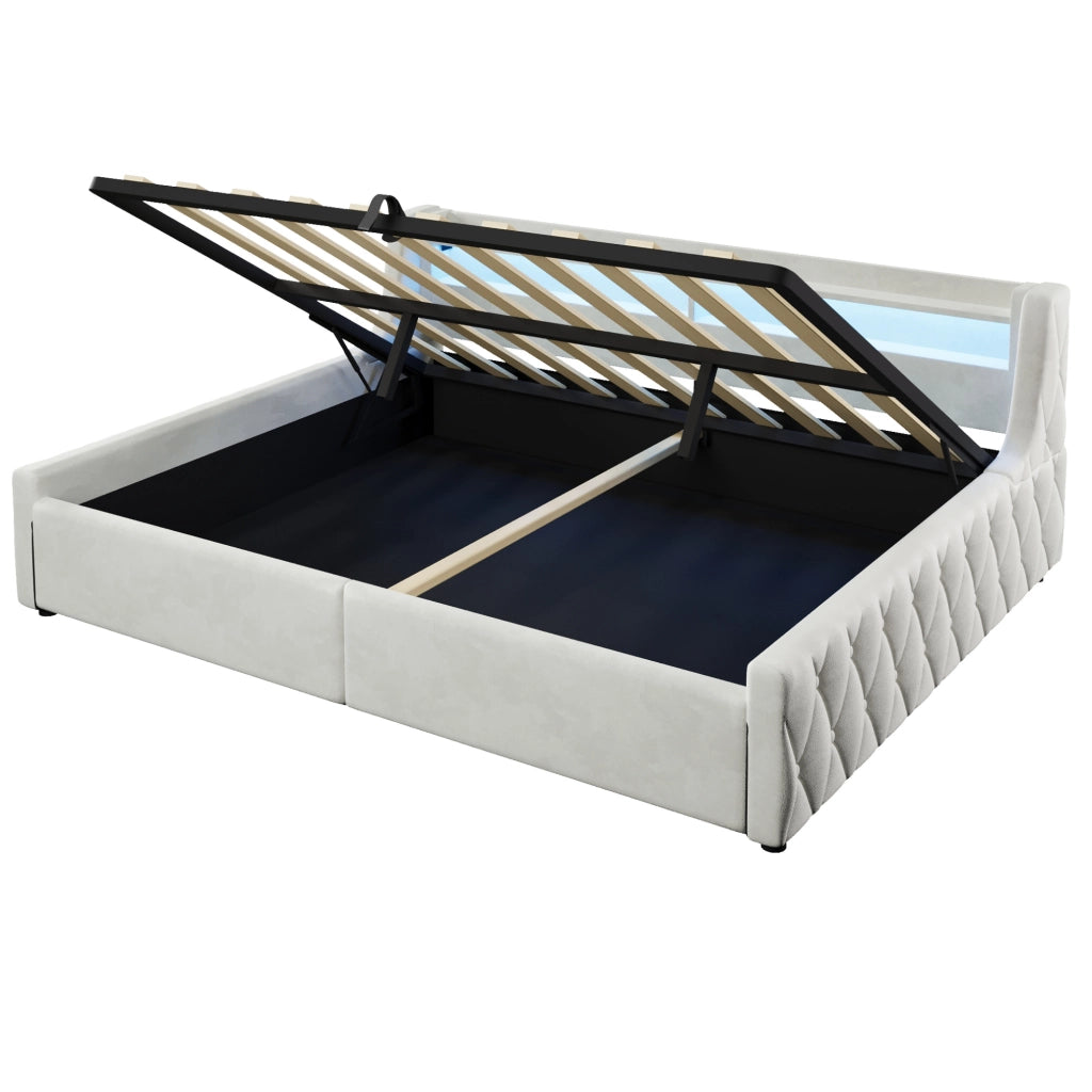 Letto imbottito 140x200 cm con LED e vano contenitore