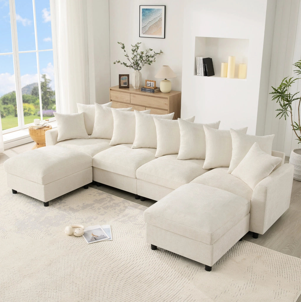 Divano angolare modulare 6 posti a U/L con 2 pouf; USB e Type-C; ciniglia beige