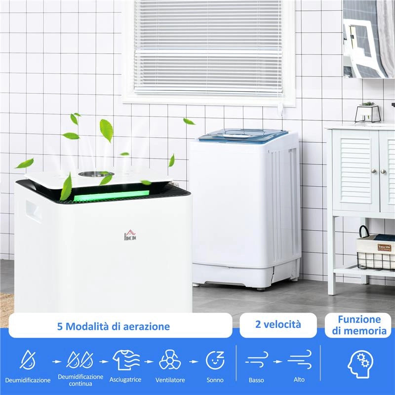 DEUMIDIFICATORE PORTATILE DA 10L CON 5 MODALITÀ 2 VELOCITÀ TIMER 24H E RUOTE 25X25X50.5 CM BIANCO