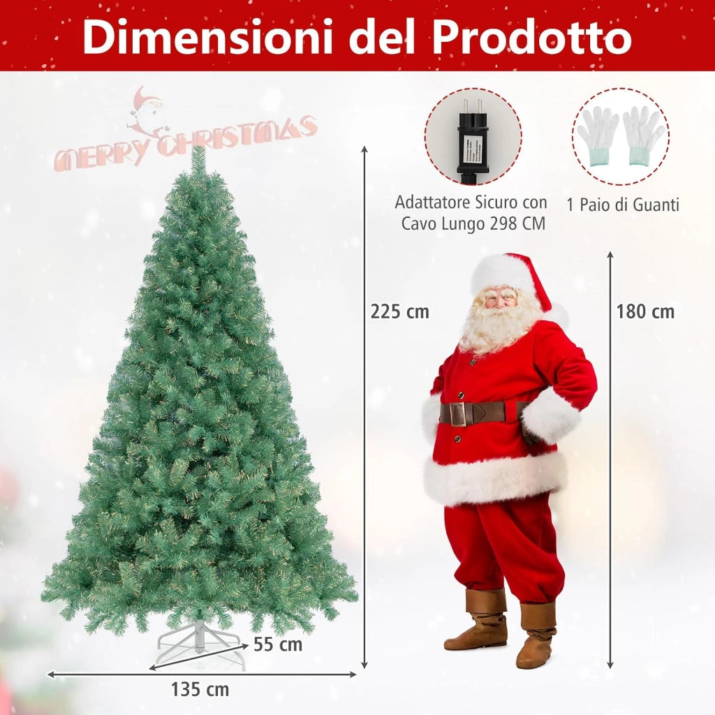 Albero di Natale 225 cm, Albero di Natale Preilluminato con 1300 Rami Folti, 550 Luci LED Bianco Caldo, 8 Modalità e Base, Decorazione Natalizia per Casa e Ufficio (Verde, 225 cm)