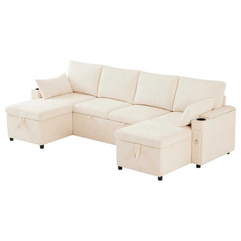 Divano letto modulare 4 posti - con contenitore - in chenille e corduroy - beige