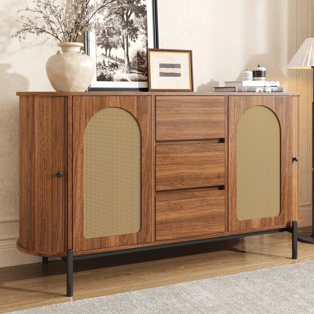 Credenza ovale con ante scorrevoli, 3 cassetti e ripiani regolabili per soggiorno, in MDF, noce, 140 × 38 × 77,5 cm