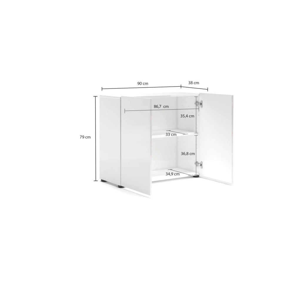 Credenza Ortoclasio, Buffet da soggiorno, Madia da salotto, Dispensa da cucina, Made in Italy, 90x38h79 cm, Bianco lucido