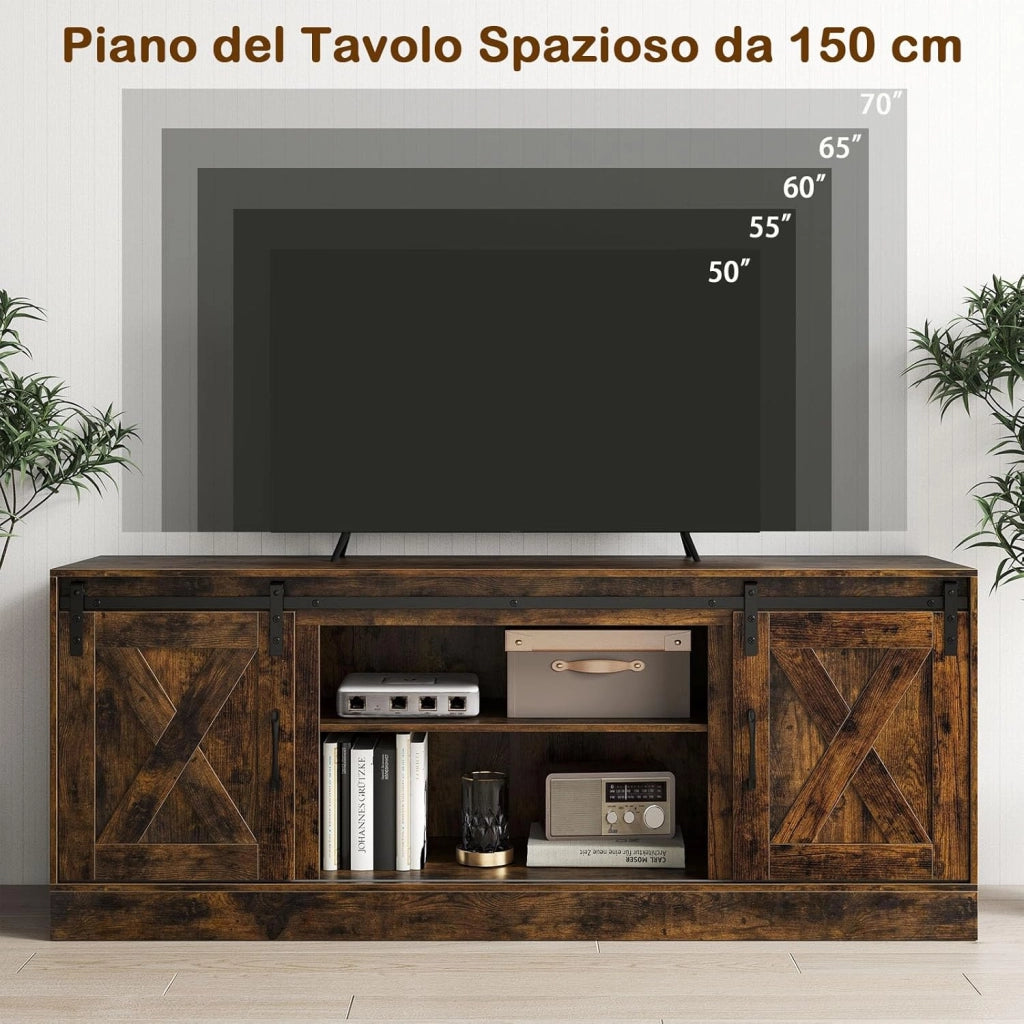 Mobile TV Soggiorno fino a 70'', Tavolino Porta TV con Porte Scorrevoli, Ripiani Regolabili, Consolle Media 150 cm per Soggiorno, Camera da Letto e Ingresso