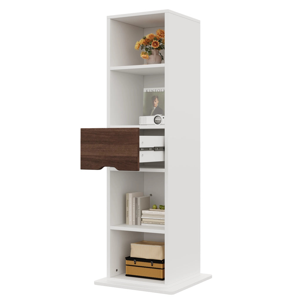 Armadio espositivo girevole con specchio a figura intera 45 x 45 x 168 cm, bianco, in MDF, con 4 vani aperti e 1 cassetto