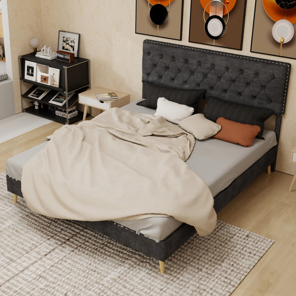 Letto Matrimoniale 160x200 cm - Spazio Sottoletto; Testiera Alta - in Tessuto - Grigio