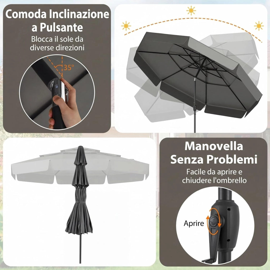 Ombrellone da Giardino 300 cm, con Regolazione Inclinazione, Manovella e 8 Stecche, Anti-UV, Tettuccio Ventilato a 3 Livelli (Grigio, 0 Luce)