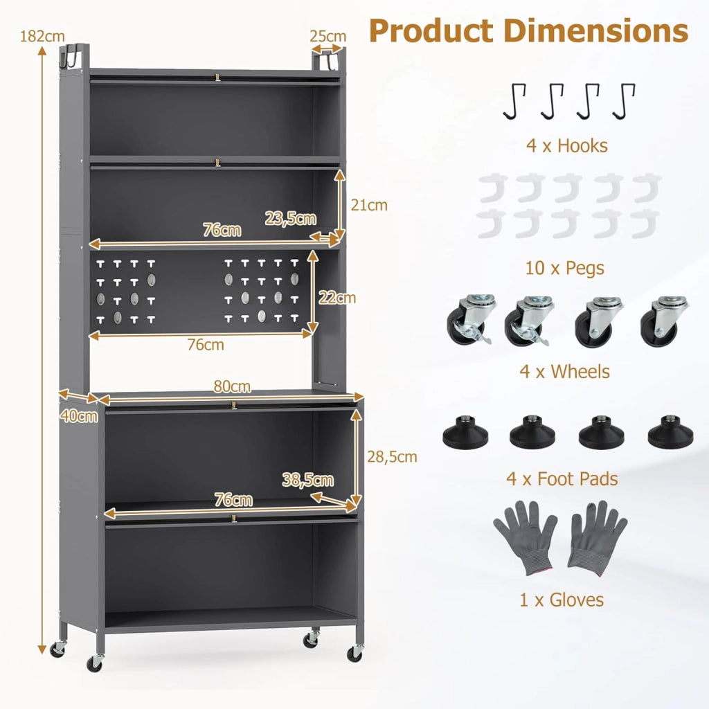 Mobile da cucina alto a 6 livelli, credenza cucina con ruote, 10 ganci, ante pieghevole, pannello perforato, mobile vetrina in acciaio, per soggiorno, sala da pranzo (grigio)