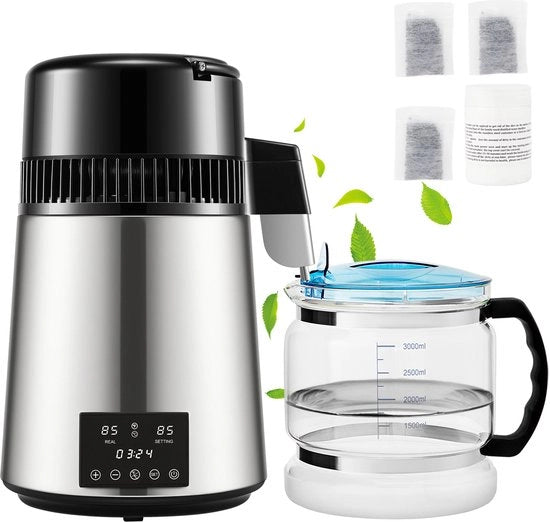 Destillatore d'acqua da 4 Litri, 1 L/U, 750 W Piastra per lavaggio vetro con doppio display di temperatura, timer da 0-99 ore, caraffa in vetro, polvere di pulizia e pacchi di carbone attivo, conforme alla FDA