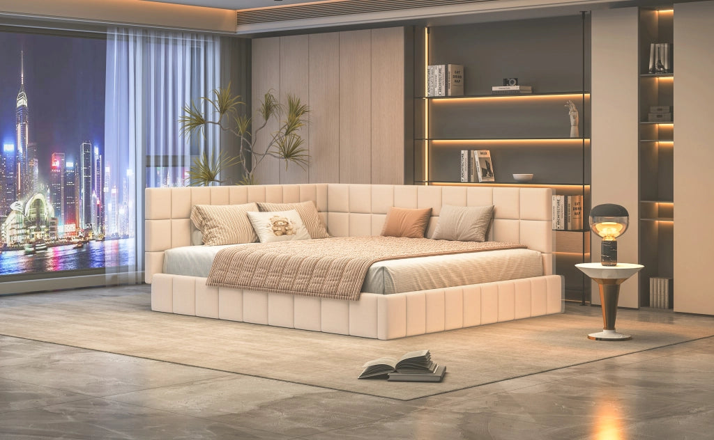 Divano letto imbottito in velluto con schienale e braccioli; beige; 160x200 cm; senza materasso