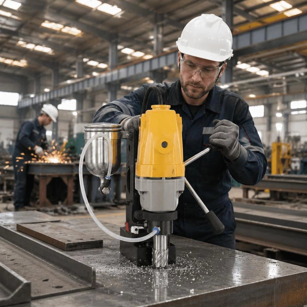 1100 W Magnetic Drill With 40 Mm Drilling Diameter MD40 Magnetic Drill 12000 N Magnetic Force Magnetic Drilling System 670 Rpm With 6-piece HSS Ring Cutter Set