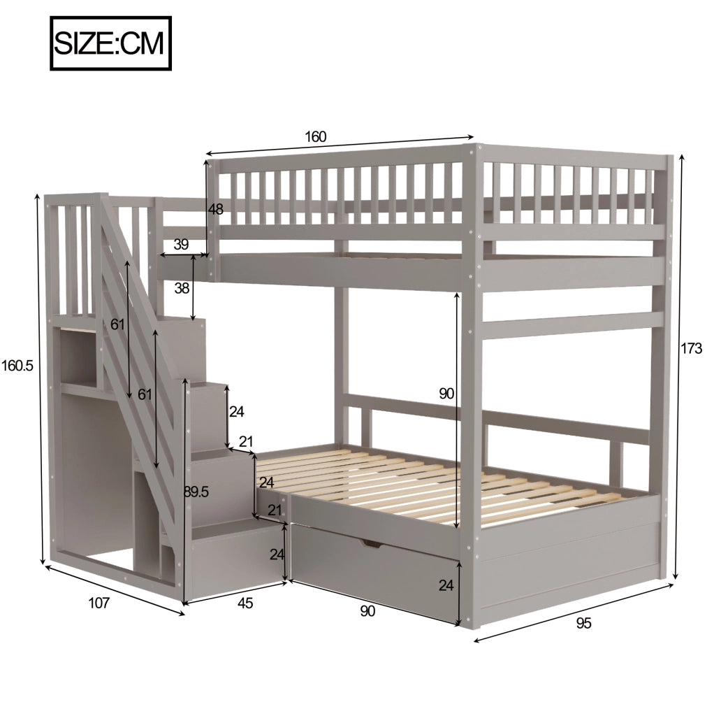 Letto a castello 90x200 cm con scala contenitore; sponde di sicurezza e cassetti in legno grigio