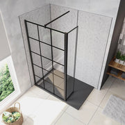 Box Doccia Parete Fissa 120x200cm con Paraspruzzo 40cm Vetro 8 mm Temperato Anticalcare Serigrafia Riquadri Neri Barra Stabilizzatrice Quadrata 140 cm