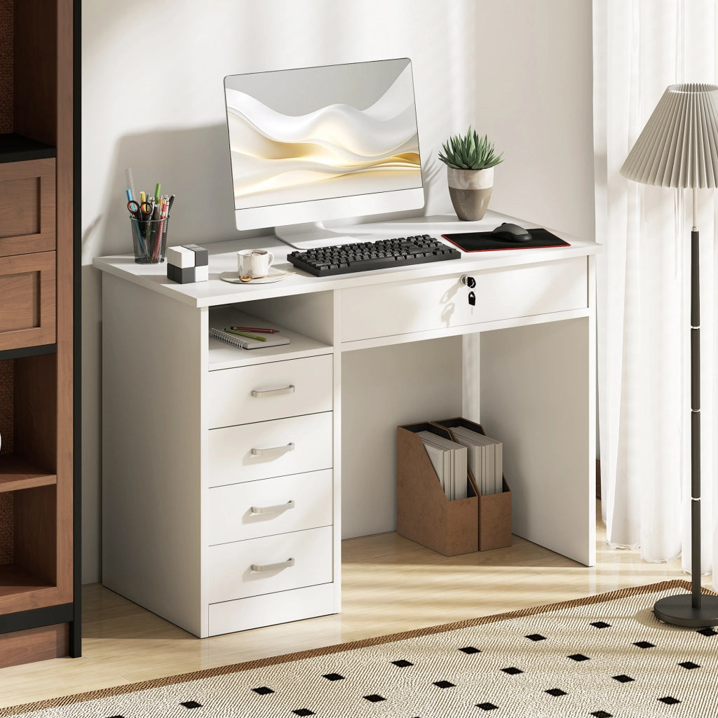 Scrivania per Camera o Ufficio in Legno con 2 Cassetti e 2 Chiavi, 110x50x76cm - Bianco
