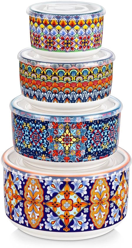 Insaporitore set da 4 - Ciotole ceramiche con coperchio - Adatte per forno a microonde/lavastoviglie - Ideali per pasti/snack - 60/36/20/10 oz - Coperchio a tenuta d'aria senza perdite - Ciotola per insaporire