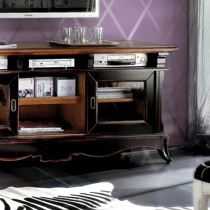  porta tv legno 2 porte shabby nero consumato 163x50x76