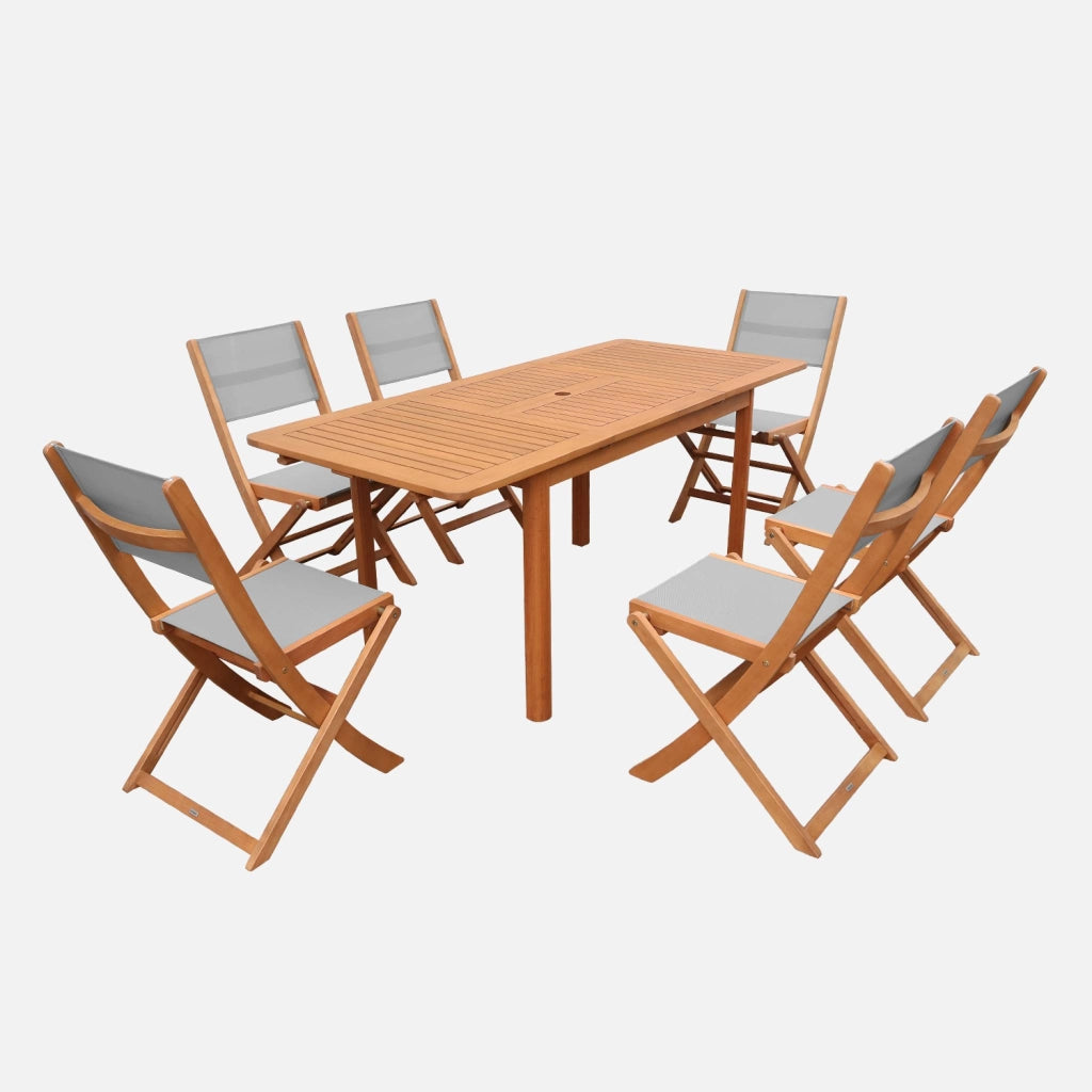 Set tavolo da giardino estensibile in legno di eucalipto con 6 sedie,