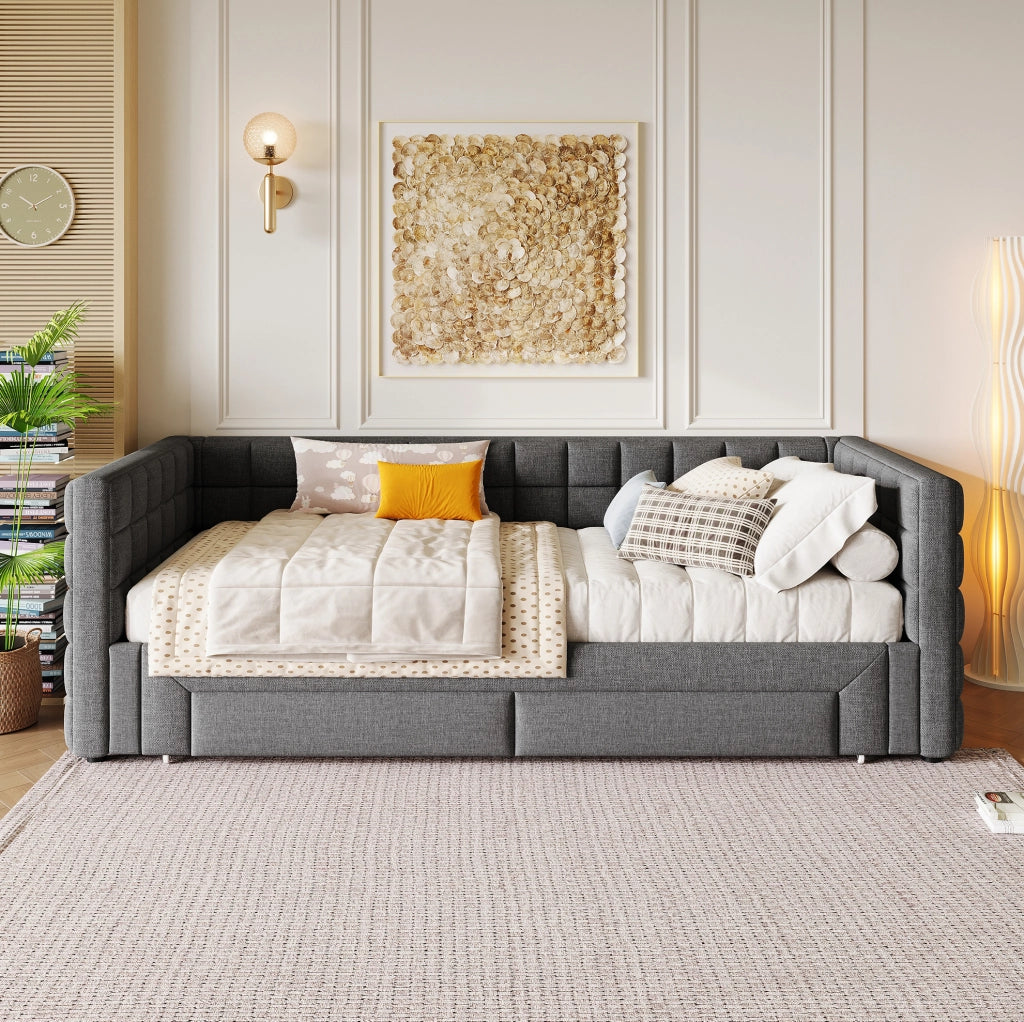 Letto a scomparsa in velluto grigio con 2 cassetti e struttura MDF