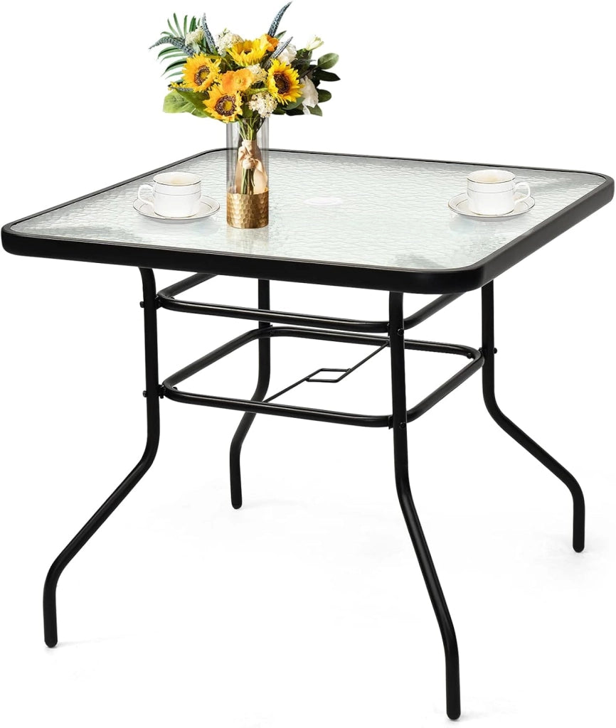 Tavolino Esterno in Metallo e Vetro, Tavolino da Bistro con Foro per Ombrellone 4 cm, Tavolo per Giardino Balcone Cortile, Portata 75 kg (81 x 71 cm)