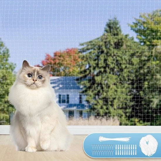 Rete di protezione per gatti per balcone - 4 × 3 m - Misura della maglia 25 × 25 cm - Rete di protezione per gatti con accessori - Per finestre, terrazze, interni ed esterni
