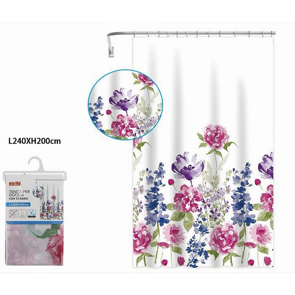 Trade Shop - Tenda Per Doccia Bagno Stampa Garden Fiori Floreale 240x200cm Con 12 Ganci 87570 -
