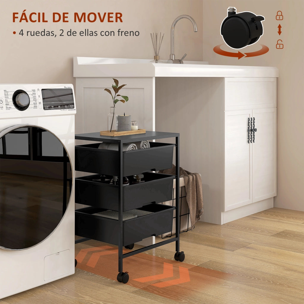 Carrello da cucina con ruote ¨C Xylo ¨C 3 cestelli, acciaio nero, 40,8x33,5x60,5 cm