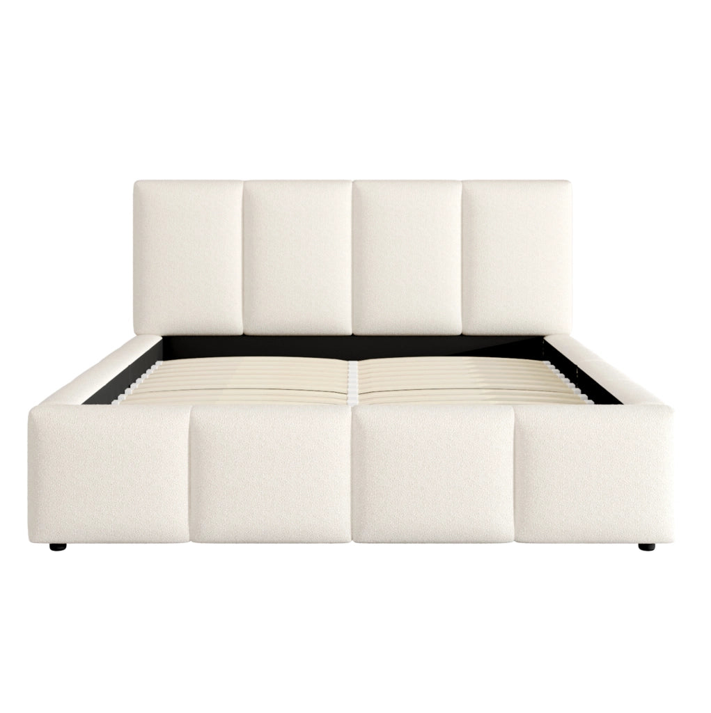 Letto matrimoniale imbottito 160x200 cm con rete a doghe e testiera in bouclé beige