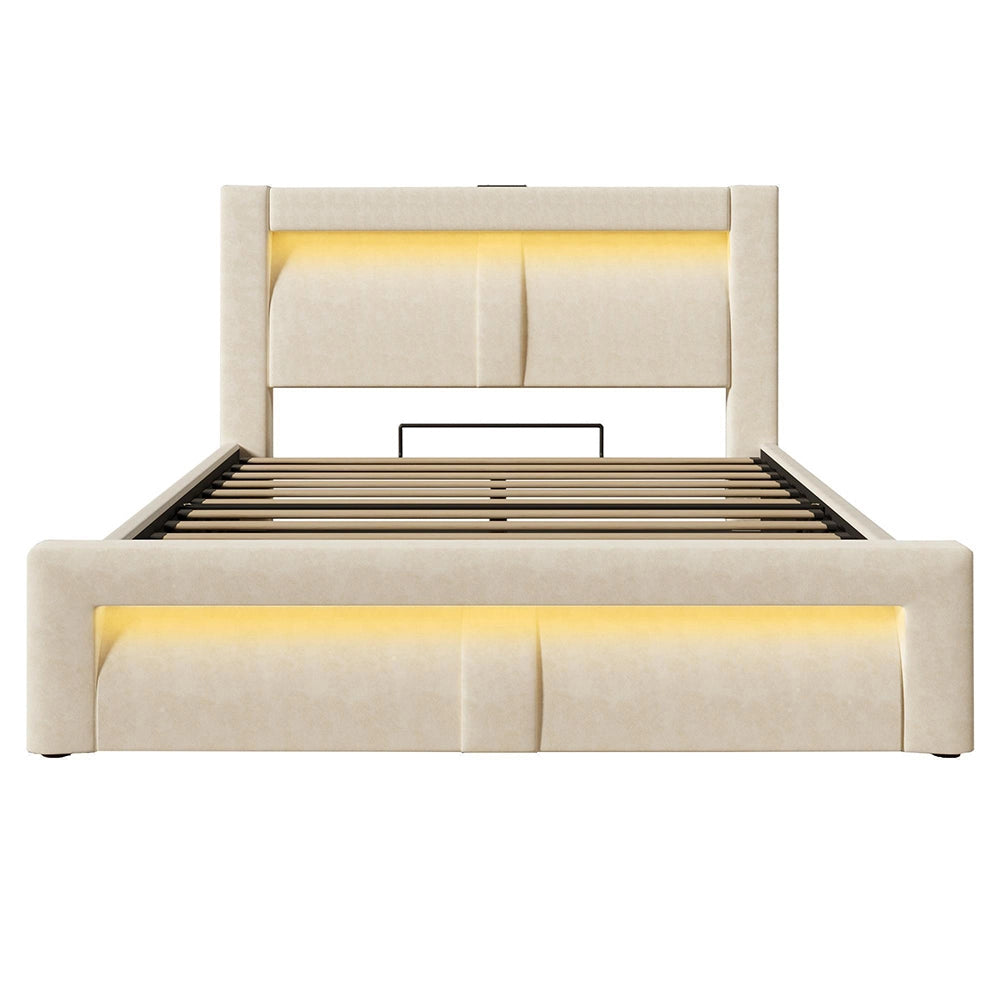 Letto matrimoniale-Xylo-160x200cm idraulico LED USB-C velluto beige con materasso