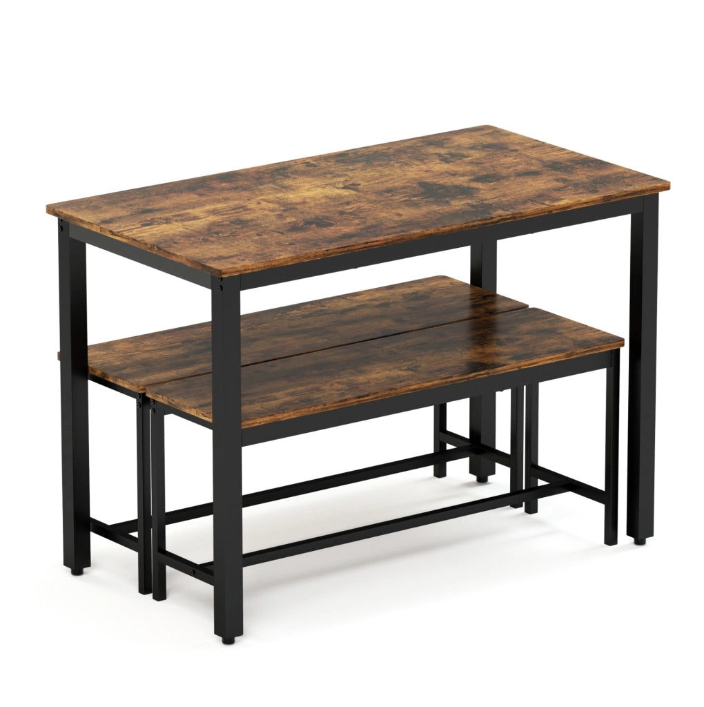 Set tavolo da pranzo ULEVR 110x60 cm con 2 panche per 4 persone, stile industriale marrone rustico e nero