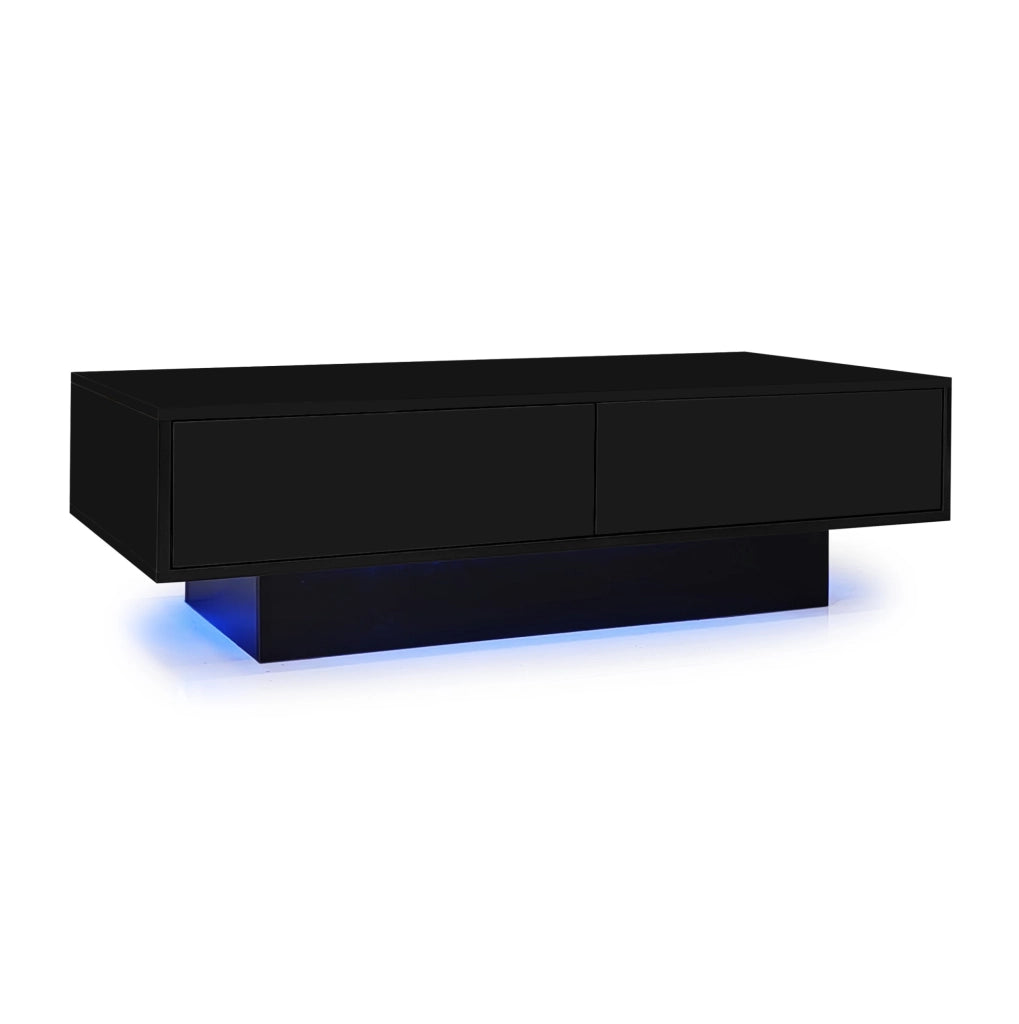 Tavolino da caffè moderno nero lucido 115 x 55 x 34 cm con 2 cassetti e LED