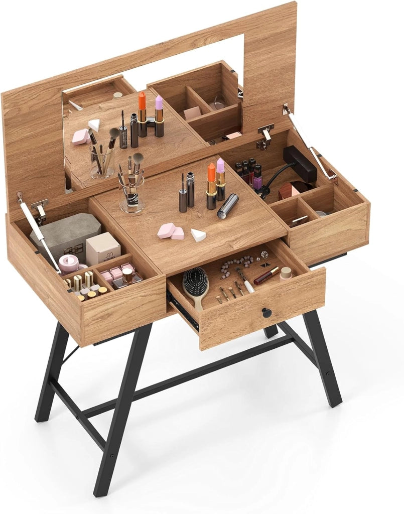 Tavolo da trucco con specchio pieghevole, con stazione di ricarica, cassetto, 6 scomparti per riporre oggetti, vassoio nascosto, scrivania da toeletta 2 in 1, per camera da letto, studio