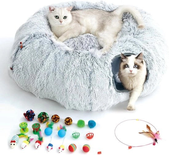 Tunnel per gatti con 20 pezzi di giocattolo - tunnel per gatti multifunzionale con casa per animali opaca con galleria e occhielli e pallone per gatti/canarini/cavie