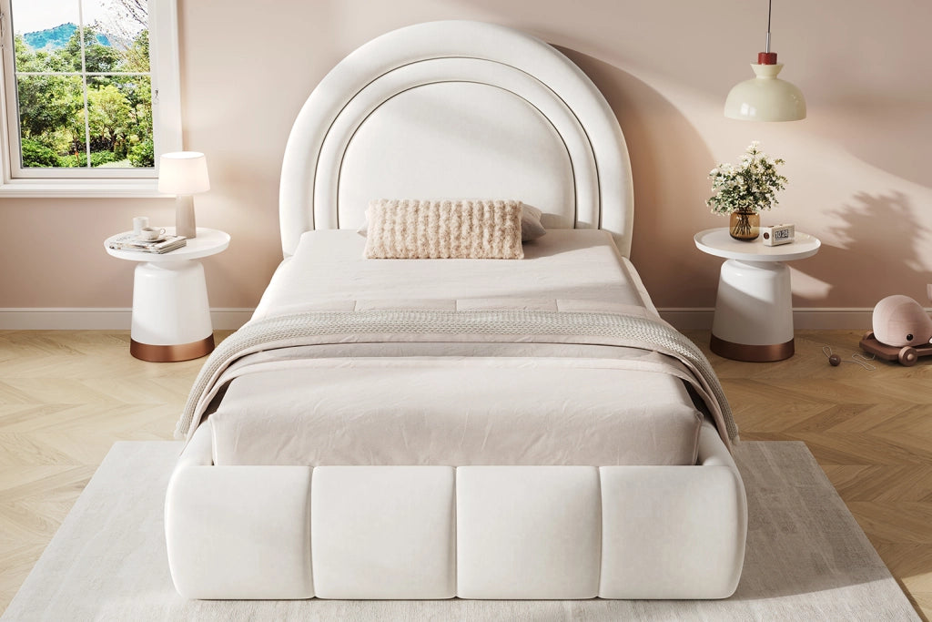 Letto per bambini 90 × 200 cm con contenitore idraulico, testiera imbottita, senza materasso, velluto beige
