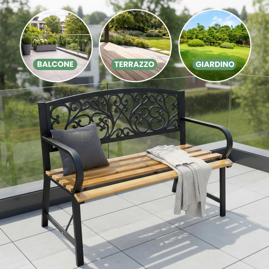 Panchina da giardino nera NERINA con legno laccato e gambe in ghisa larghezza 118 cm