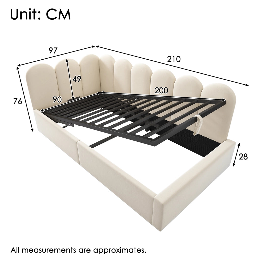 OKWISH Letto Banquette 90×200 cm, Letto Singolo con Contenitore Idraulico e Testiera, senza Materasso, in Velluto, Beige