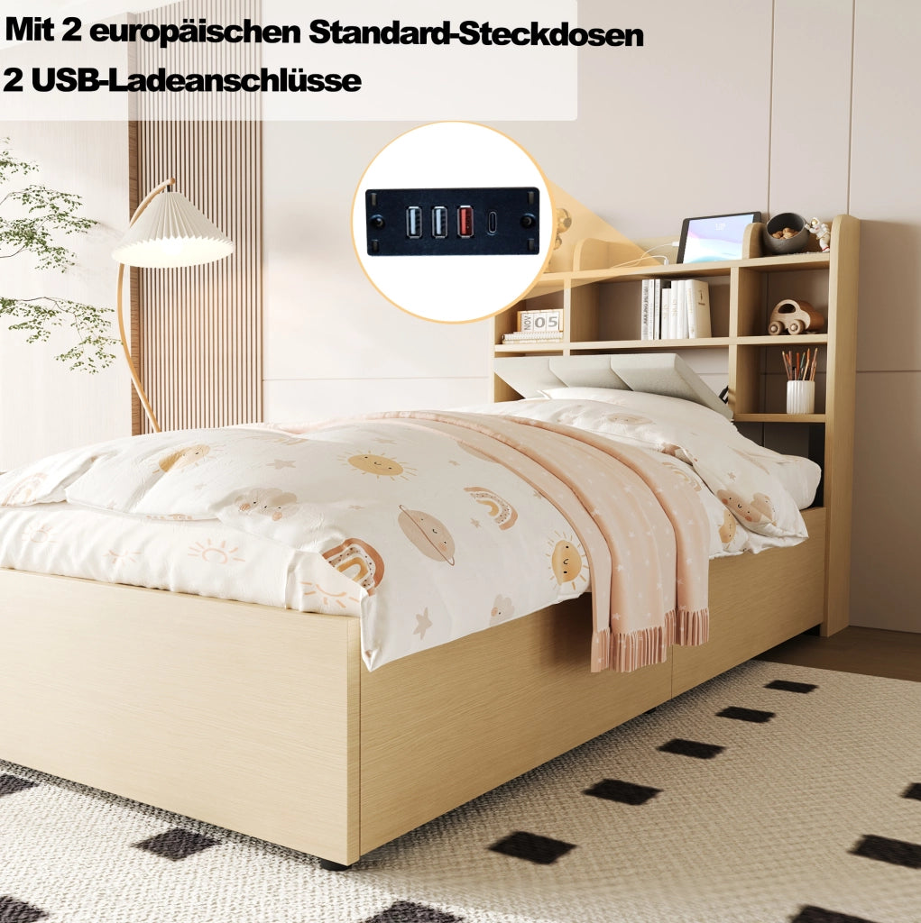 Letto singolo 90x200 cm con contenitore idraulico; USB e USB-C; MDF e compensato