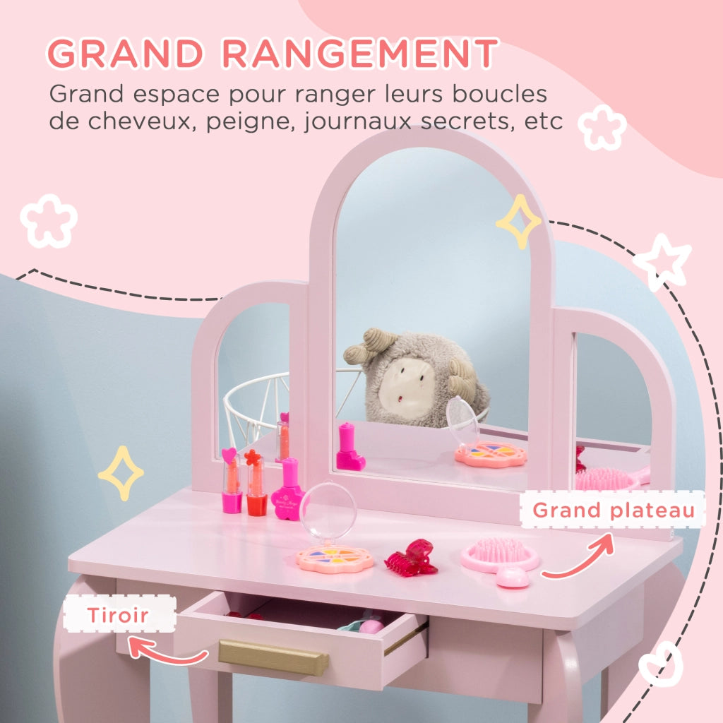 Tavolo da trucco bambini con specchio e cassetto ¨C zephmum ¨C rosa 52x32x85 cm