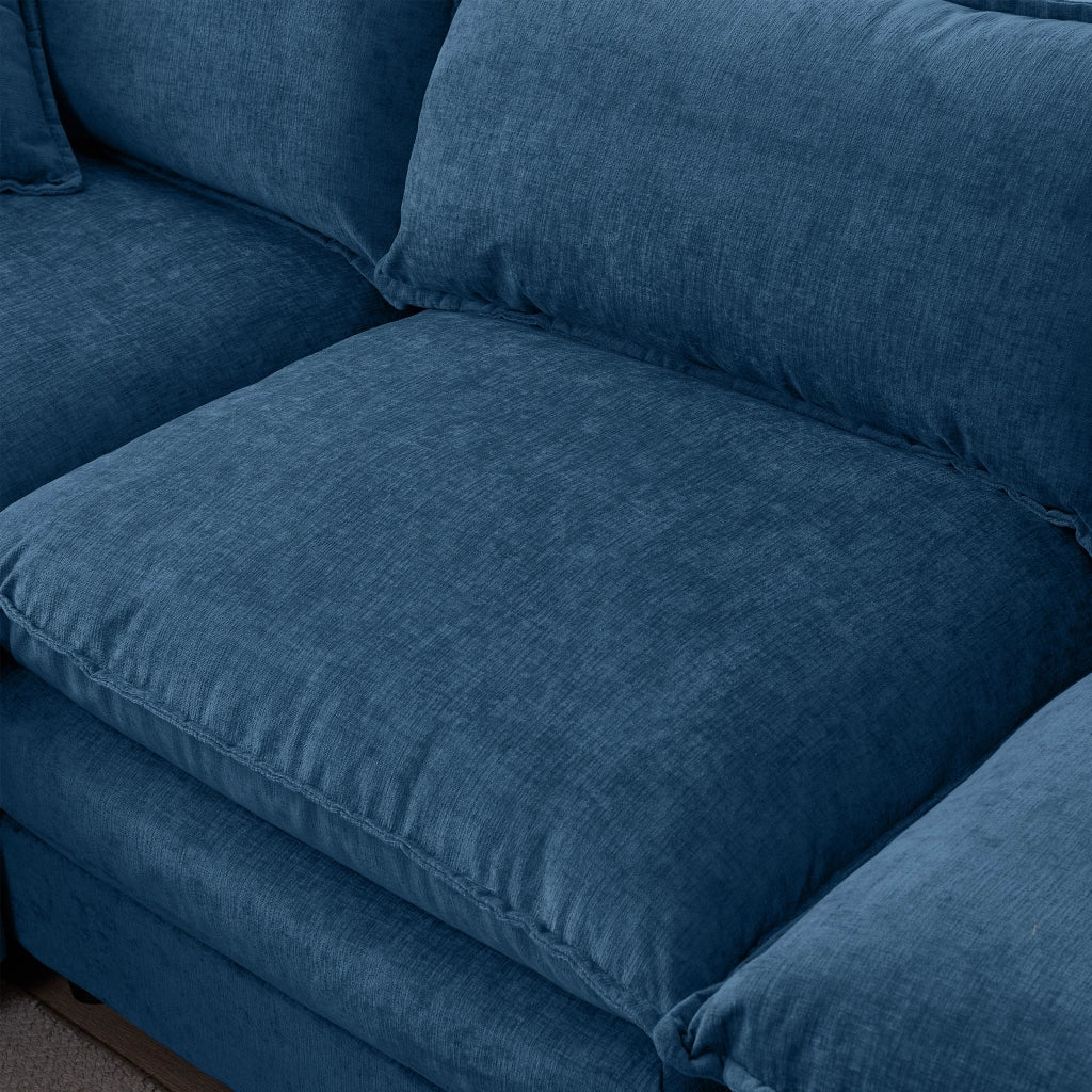 Divano modulare angolare a L con pouf mobile in chenille blu a 3 posti per soggiorno e lounge