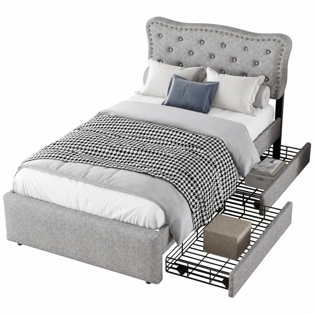 Letto imbottito 90x200 cm in MDF e tessuto in lino grigio con 2 cassetti e borchie decorative