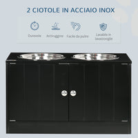 2 Ciotole per Cani Rialzate 60x30x35,5 cm in Acciaio Inox con Vano Contenitore Nero