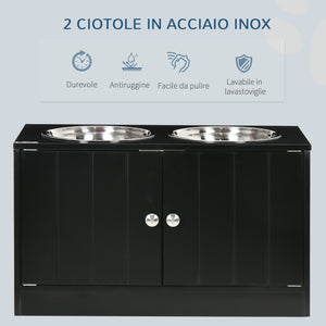 2 Ciotole per Cani Rialzate 60x30x35,5 cm in Acciaio Inox con Vano Contenitore Nero