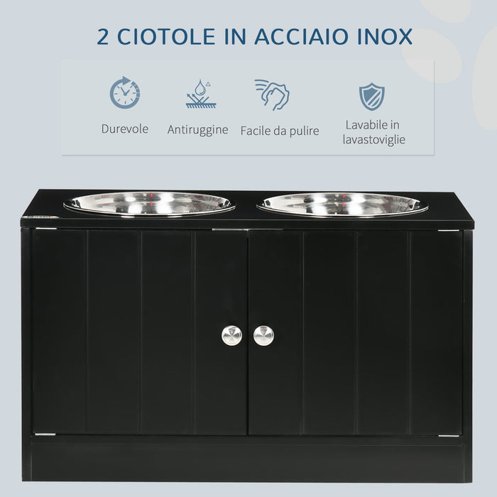 2 Ciotole per Cani Rialzate 60x30x35,5 cm in Acciaio Inox con Vano Contenitore Nero