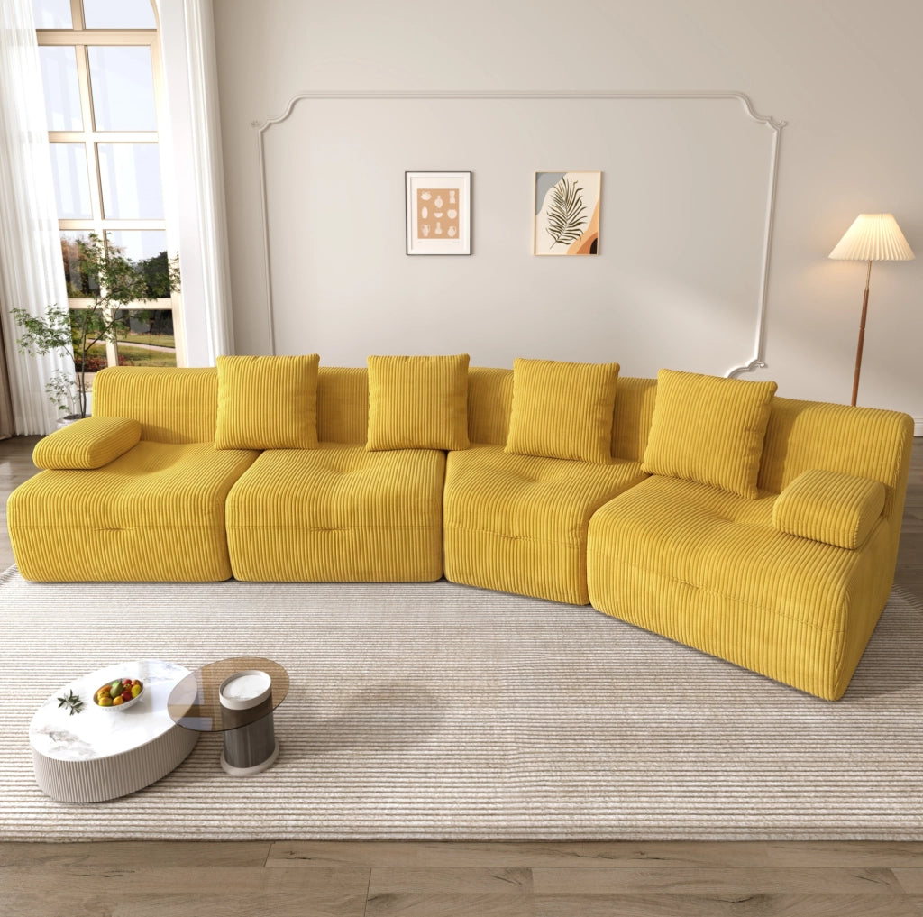 Divano modulare 4 posti in velluto a coste giallo, 4 moduli, 311 cm