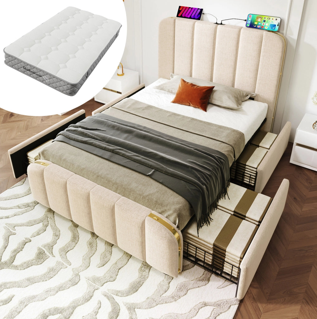 Letto singolo imbottito 90x200 cm in lino beige con 4 cassetti; USB e testiera con materasso