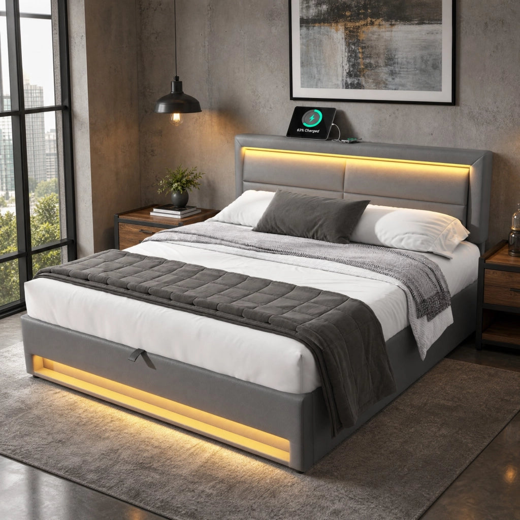 Letto imbottito 140x190 cm in PU grigio con USB, LED e contenitore