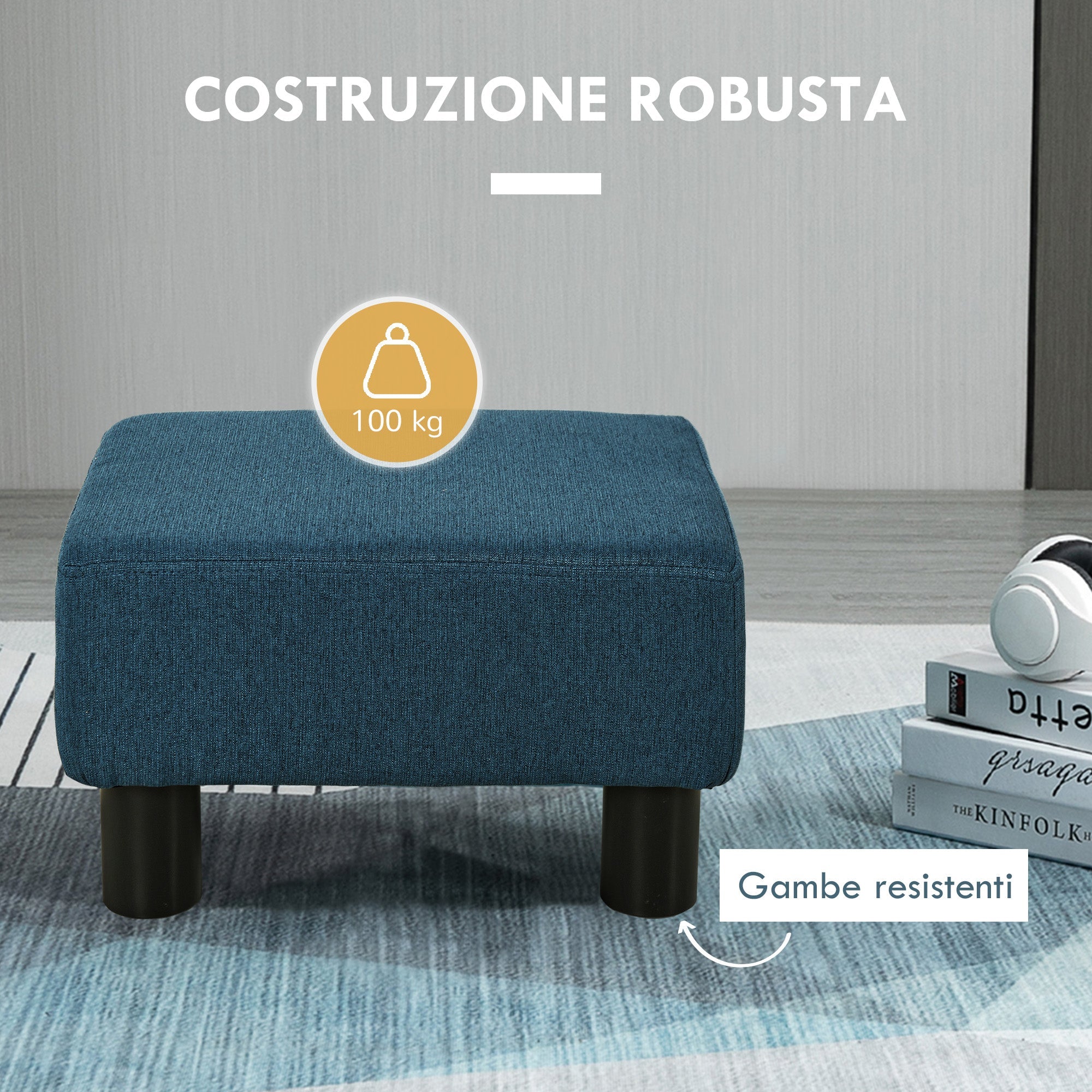 Pouf Poggiapiedi Imbottito 40x30x24 cm Rettangolare Blu Scuro